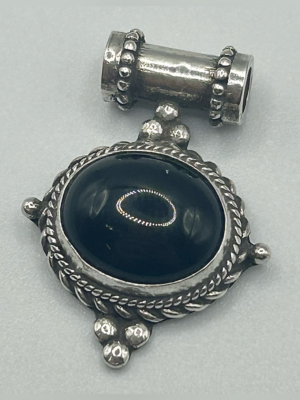 925 Sterling Silver Black Onyx Cabochon Pendant - Rope Border & Dot Accents, FAS